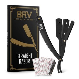 BRV MEN Professional Straight Edge Barber Razor w/ 100 Single Edge Razor Blades | Straight Razors for Men | Barbershop Accessories | Mens Shaving Knife & Shavette - Black
