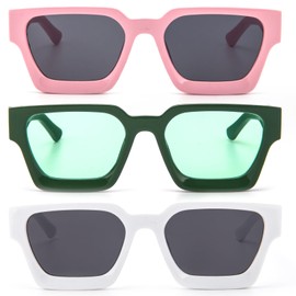 REAVEE 3 Pairs Oversized Square Stylish Sunglasses for Women UV400 Protection Men T2313 Pink Green and White