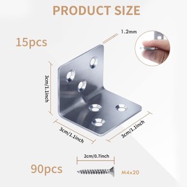 15 Pcs Angle Brackets, L Bracket 38 x 30 x 30 x 1.5 mm, Stainless Steel Sleeper Brackets with 90 Screws, Heavy Duty Right Angle Corner Brackets for Wood, Metal Corner Braces for Fixing Timber