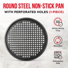 Bakken Pizza Baking Pan - Round Perforated Carbon Steel Pan with Non-Stick Marble Coating, Oversized Silicone Handle, Dishwasher Safe, High-Temperature Resistant, Durable & Easy Cleanup Gray, 1 Tray