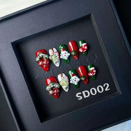 100% 5D Handmade Press on Nails Christmas Medium Almond Fake Nails Press ons Canes Santa Claus False Nails Green Red Santa Hat Press on Nails Wreath Fake Nails for Women Girls Manicure Size L