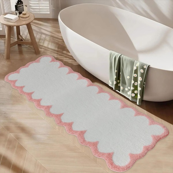 Urtlmaji Scalloped Bathroom Runner Rug Long Pink Bath Mat for