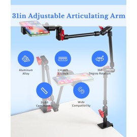 31in Adjustable Articulating Arm, 360 Degree Rotation Adjustable Camera Arm Mount with 1/4in 3/8in Thread, Aluminum Alloy Articulating Arm Camera Mount for Camera Phone