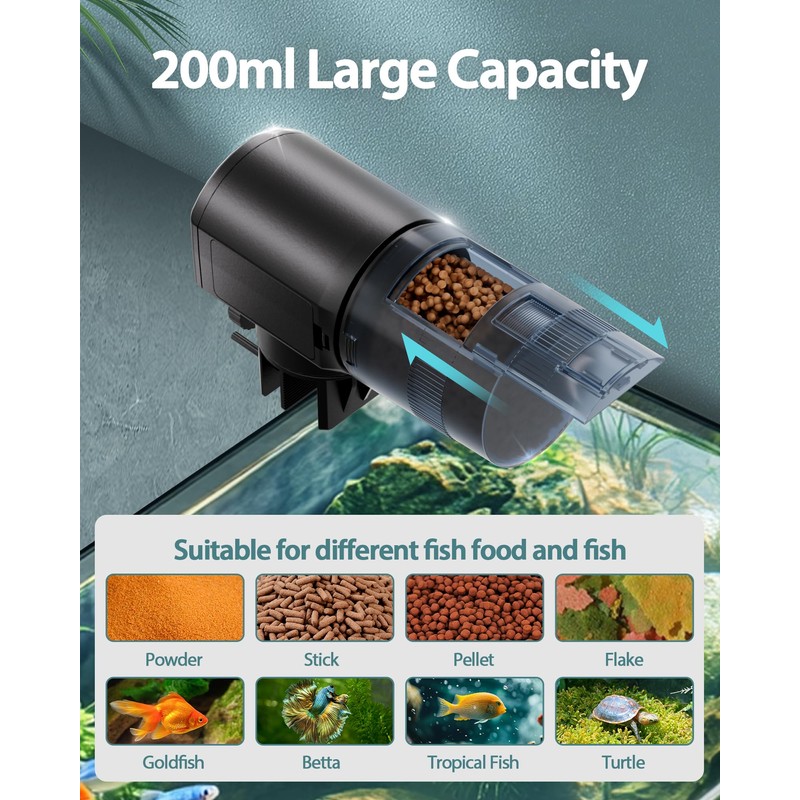 Automatic Fish Feeder Dispenser for Aquarium: 200ml Large Capacity Auto
