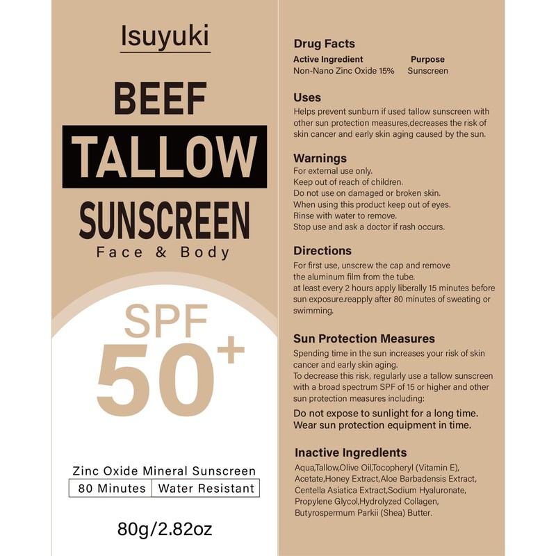 Mineral Sunscreen with Zinc Oxide SPF 50, Natural Beef Tallow