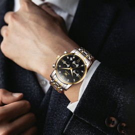 OLEVS Mens Watches Two Tone Stainless Steel Men's Chronograph Watches for Men Roman Numerals Black Dial Luxury Diamond Quartz Men's Wrist Watches Luminous Waterproof with Date Watches Men