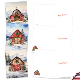 The Best Card Company 20 Assorted Christmas Notecards Boxed Set 4 x 5.12 Inch with Envelopes (10 Designs, 2 Each) Holiday Red Barns AM10778XSG-B2x10
