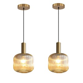 BOKT Modern 2-Pack Glass Pendant Lights Open Amber Ball Ceiling Pendant Lighting Fixture Adjustable Cord Hanging Light Lights Set of Two for Kitchen Island Entryway Dining Room