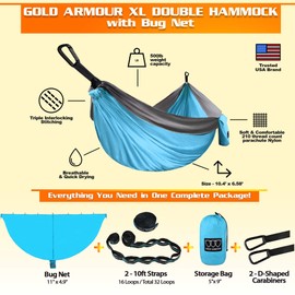 Gold Armour Camping Double Hammock with Mosquito Net Set (Removable) - Double Parachute Hammock USA Based Brand Lightweight Adults Kids, Camping Accessories Gear (Light Blue & Gray)