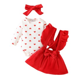 Loalirando My First Valentines Day Baby Girl Outfits Ruffle Long Sleeve Heart Prind Romper Corduroy Strap Suspenders Skirt Headband Clothes Sets (Red, 6-9 Months)