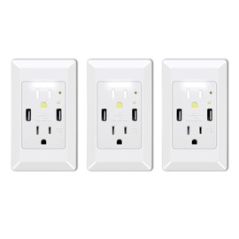USB Outlet with Night Light, GreenCycle 15Amp Outlet Auto Sensor Night Light, 4.2A High Speed Duplex Receptacle Electrical AC Wall Sockets, Auto Nightlight Sensor and Wall Plates (White,3 Pack)