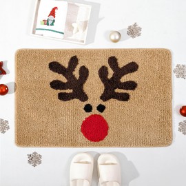 TRUEDAYS Bathroom Rugs Brown Christmas Rug with Reindeer Cute Bath Mat Xmas Elk Washable Kitchen Rugs for Living Room and Bedroom Non Slip