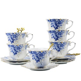 TATSUMI Country Roses 18 Peices Bone China Tea Cup And Saucer Set, English Vintage Tea Cups Of 6 For Women And Tea Party Sets