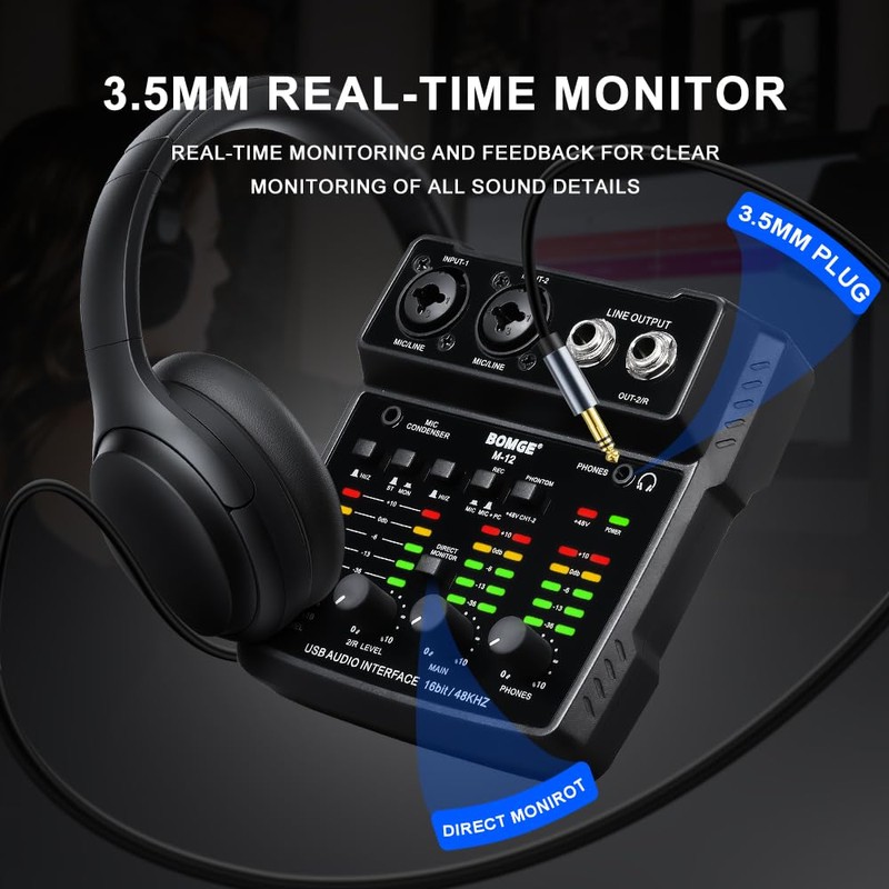 BOMGE M12 USB Audio Interface, 2-Channel Mixer, XLR/3.5mm Input, 48V