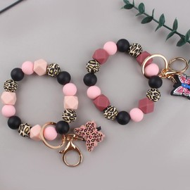 Keychain Wristlet for Women,Keyring Car Key Holder for Keys,Leopard Silicone Beaded Keychain Bracelet with Butterfly Charm (Pink)