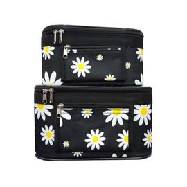 Sunflowers Cosmetic Cases with Daisy Floral Print, Black, Set of 2