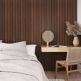 VEELIKE Walnut Wooden Slat Wallpaper Peel and Stick Waterproof Dark Wood Contact Paper for Walls 15.7''x118'' Self Adhesive Removable Faux Wood Slats Wall Panel Wallpaper for Bedroom Accent Wall Décor
