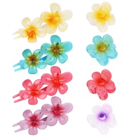 ACO-UINT 8 Pack Flower Hair Clips Medium Hawaiian Flower Claw Clips and Lay Flat Hair Clips Set Colorful Tropical Floral Accessories for Women Girls Beach Vacation