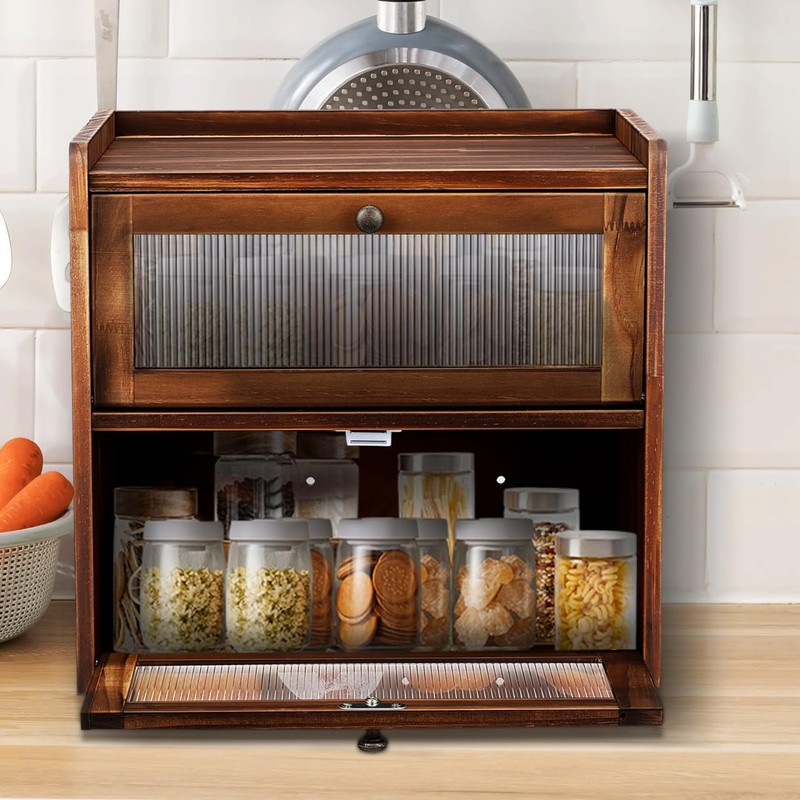 Cabilock Wooden Bread Box for Kitchen Storage - Double Layer
