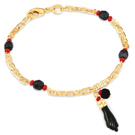 JEWELRSTITION Genuine Azabache Bracelet for Teen Girls and Petite Women, Jet Stone and Figa Hand Charm for Evil Eye Protection Mal de Ojo Good Fortune 14k Gold-Plated, 6.5"