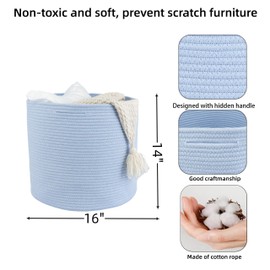 XUANGUO Cotton Rope Basket For Girls Boys Kids 16”X14” Baby Laundry Basket Nursery Bin Round Woven Basket Organizer For Storage Toys Blankets Shoes Clothes blue
