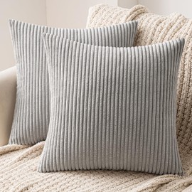 MIULEE Set of 2 Striped Corduroy Square Throw Pillow Case Soft Cushion Covers Sham Home for Sofa Couch/Bedroom Decorative Fluffy Large Pillowcases 18x18 Inch 45x45cm Light Grey
