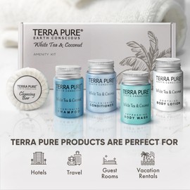 Terra Pure White Tea & Coconut Amenity Kit | Hotel Bulk Toiletries | 1 oz Shampoo, Conditioner, Lotion, Body Wash, Cleansing Bar for Guest Hospitality Vacation Rentals | 1 Set/Case