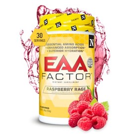 Nutrithority EAA Factor, polvo de aminoácidos esenciales BCAA, Raspberry Rage, 30 porciones bebida intra y post entrenamiento sin azúcar ni cafeína...