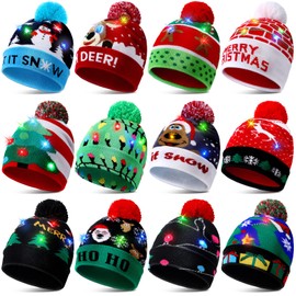 Geyoga 12 Pcs LED Christmas Sweater Hat Light up Xmas Beanie Knitted Cap Unisex Winter Hat, Lovely Style