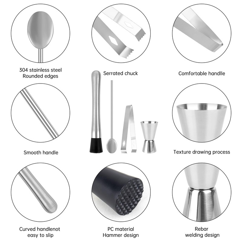 RUCUDIM Stainless Steel Cocktail Muddler with Cocktail Spoon, Bartender Set,