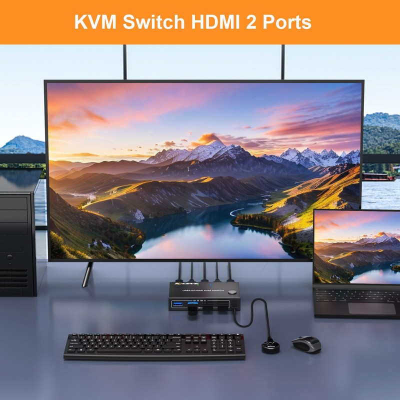 KCEVE KVM Switch 1 Monitor 2 Computers 4K@60Hz, HDMI KVM