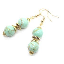 Ohrringe aus rekonstituierten türkisfarbenen Perlen, blau gefärbt und goldenen tibetischen Perlen