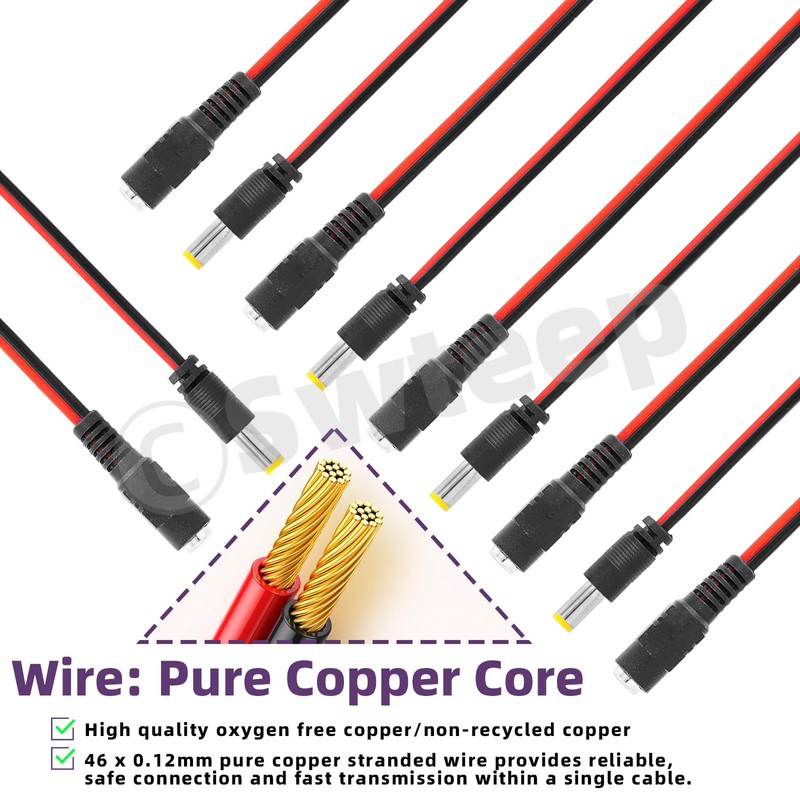 Swpeet 10 Pairs 2.1mm x 5.5mm Male Female 18AWG 12V