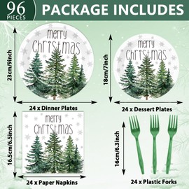 96Pcs Christmas Tree Paper Plates and Napkins for Merry Christmas Watercolor Cedar Snowflake Party Supplies Xmas Pine Trees Party Tableware Set for 24 Guests Holiday Winter Xmas Party Decorations