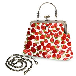 Abuyall Cherry Purse Vintage Kiss Lock Purse Handbag Frame Evening Bag Clutch Canvas Top Handle Chain Strap Party Bag, Red-strawberry, Medium