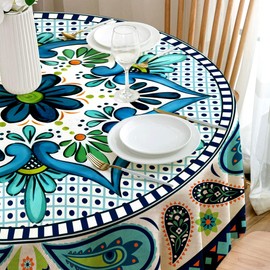 iEvery Round Wipe Clean Tablecloth, Boho Table Cloth Waterproof Wipeable Polyester Table Cover for Home Outdoor Dinning Kitchen Garden Party Picnic Patio