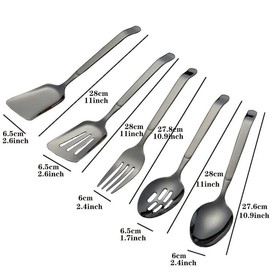 Juego de 5 utensilios de cocina de color negro, espátula ranurada, cuchara de servir, cuchara ranurada, tenedor, juego de herramientas de cocina