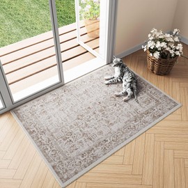 PureCozy Light Brown Area Rug 2x3 Washable Entryway Rug Kitchen Vintage Living Room Carpet Non Slip Indoor Bedroom Rug Distressed Floral Door Mat Retro Accent Throw Rug for Office Dining Room Bathroom