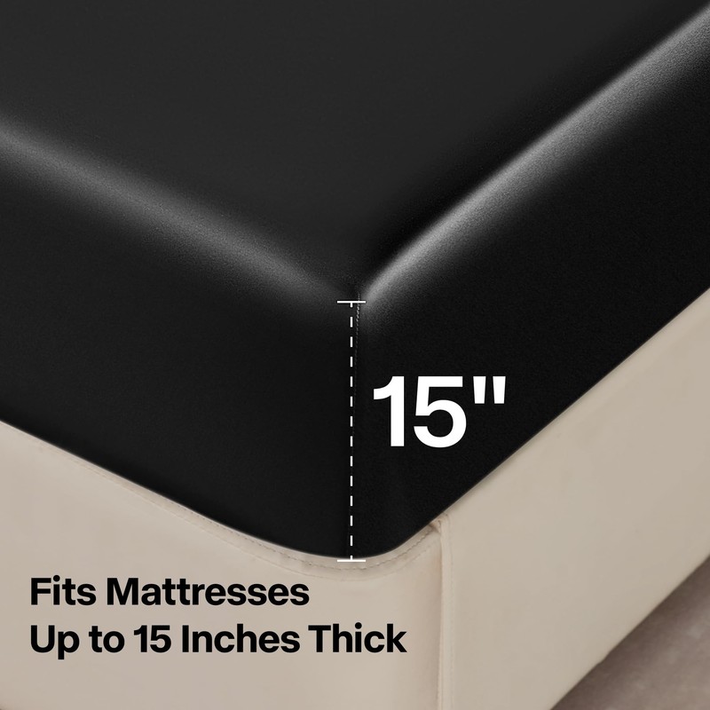 BEDELITE Satin Sheets California King Size Bed Set, Black, 4