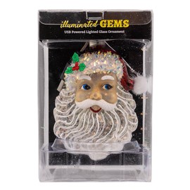 Kurt Adler 4-inchPrelit Glass USB Warm White LED Fairy Light Santa Head Ornament