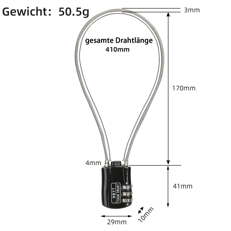 NBYT 3 Digit Combination Lock Steel Wire Diameter 3mm Suitable