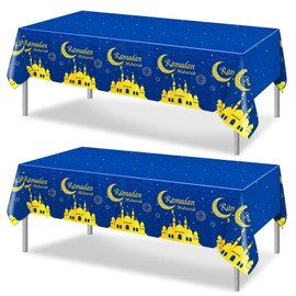 PHOGARY Ramadan Decorations 2 PCS Ramadan Mubarak Table Coth, Blue and Golden Ramadan Tablecloths Disposable Rectangle Plastic Eid Mubarak Table Covers for Eid Al-fitr Party Eid Decorations 54" X108"