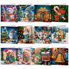 12Pcs Christmas Diamond Art Cards 5D DIY Christmas Diamond Art for Adults Beginners Christmas Gnomes Snowman Candy Cane Elk Bell Xmas Winter Greeting Cards for Holiday Craft Card Making