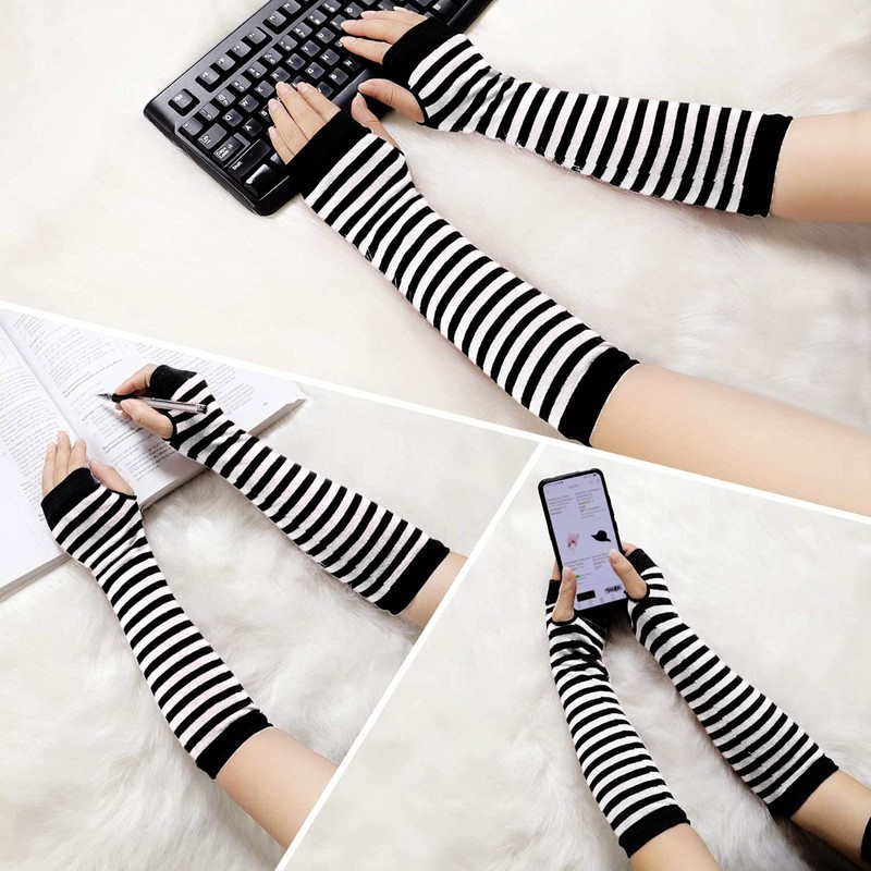 Black White Stripes Knitted Long Gloves Winter Over Elbow Mittens