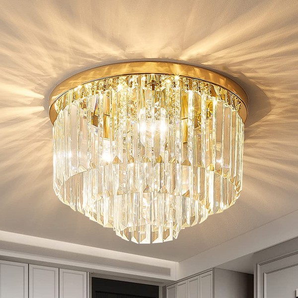 Gopmmy Modern French Gold Crystal Chandelier Ceiling Light,16" Semi Flush Mount 5-Lights 3-Tier Crystal Round Chandelier Light for Bedroom Living Room