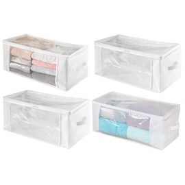 mDesign Set of 4 Storage Boxes with Zip - Handy Polypropylene Storage Bag - Practical Folding Box for Clothes and Bedding - White/Clear