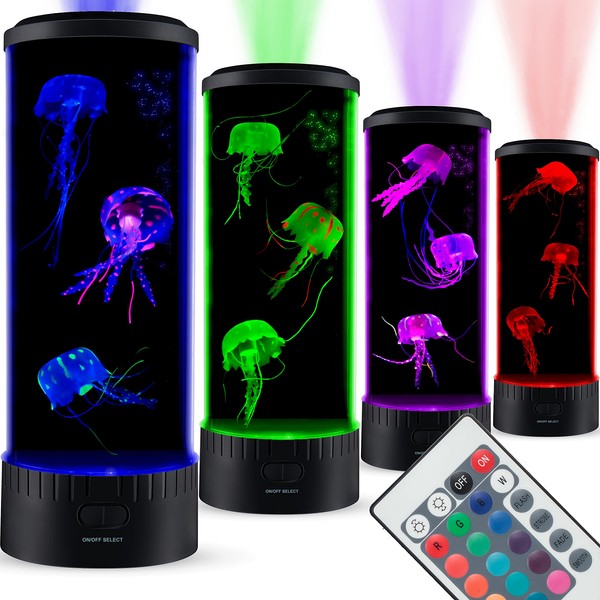 SensoryMoon Large LED Jellyfish Lava Lamp Aquarium - Electric Round Jellyfish Tank Mood Light with 3 Fake Glowing Jelly Fish, 20 Color Changing Remote, Ocean Wave Projector - Plug in Kids Night Light