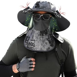 Outdoor Wide Brim Sun Hat with 2 Solar-Powered Fans, Removable Neck Cap and Face Mask - Sun Bucket Hat for Men Women, Dual USB Charging & Solar Powered Grey