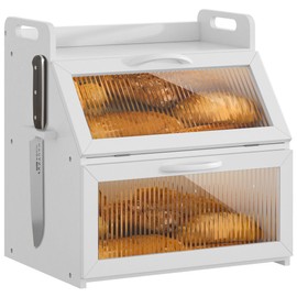 Bread Box, Bread Box for Kitchen Countertop, Large Bread Storage Container for Homemade Bread, Wooden Farmhouse Breadbox Organizers, Double Layer Bread Bin with Acrylic Window Bread Holder,White