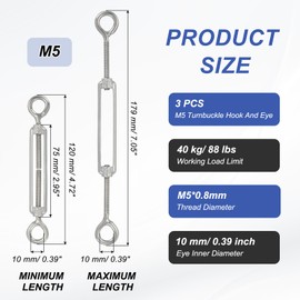 PATIKIL M5 Eye & Eye Turnbuckle, 3 Pcs 304 Stainless Steel Wire Rope Tension Adjustable Cable Railing Tensioner for Tightening Up Metal Cable Wire Shade Sail Hardware